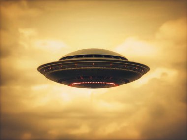 Tanımlanamayan uçan cisim, UFO. Uzaylı uzay gemisi gökyüzünde çekim yapıyor. 3B illüstrasyon.
