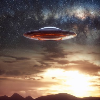 Tanımlanamayan uçan cisim, UFO. Uzaylı uzay gemisi güneş arkadayken gökyüzünde çekim yapıyor. 3B illüstrasyon, ufoloji kavramı.