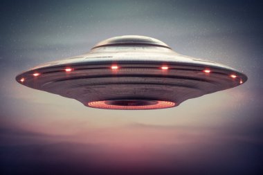 Tanımlanamayan uçan cisim, UFO. Bilim Kurgu, Ufoloji 'nin 3 boyutlu illüstrasyon konsepti. Kırpma Yolu İçerildi.