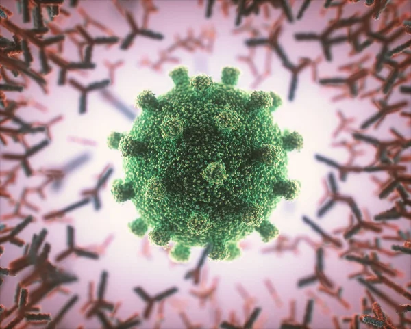免疫系统抗体攻击病毒Covid 19三维图解 人体防御系统的概念 Y型抗体攻击病毒 — 图库照片