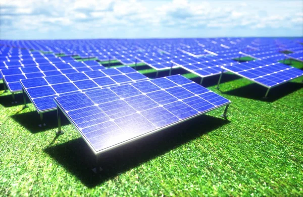 Illustration Solar Panels Spread Field Green Grass Clean Energy Protect — Foto de Stock