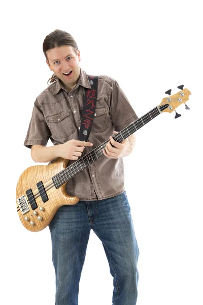 Bass guitarist with a crazy look