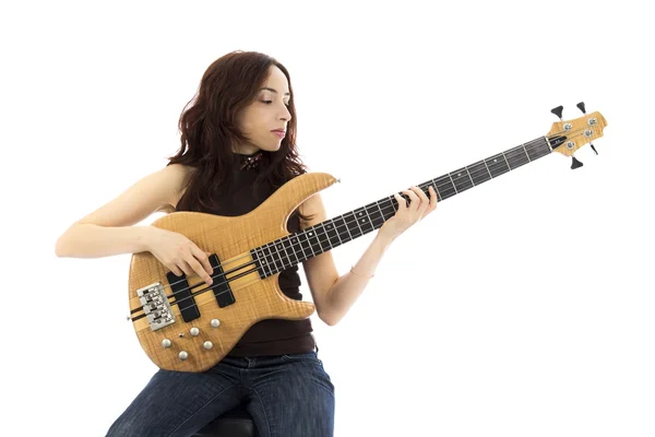 Woman with a bass guitar — Stock Photo, Image