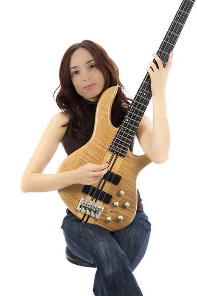 Woman with a bass guitar — Stock Photo, Image