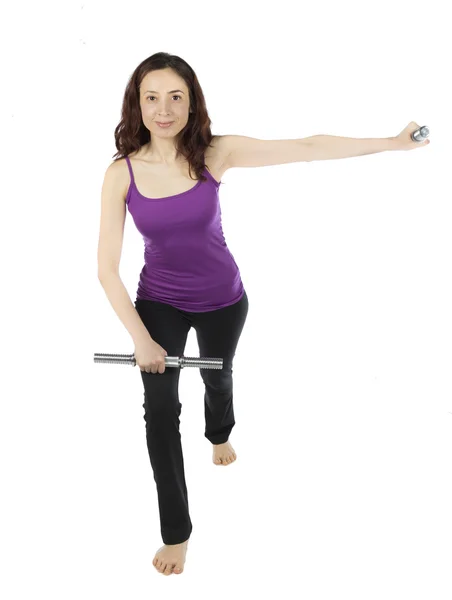 Fitness woman doing arm raising with weights — Stock Photo, Image