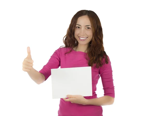 Woman holding a blank white board with thumb up — Stock Photo, Image