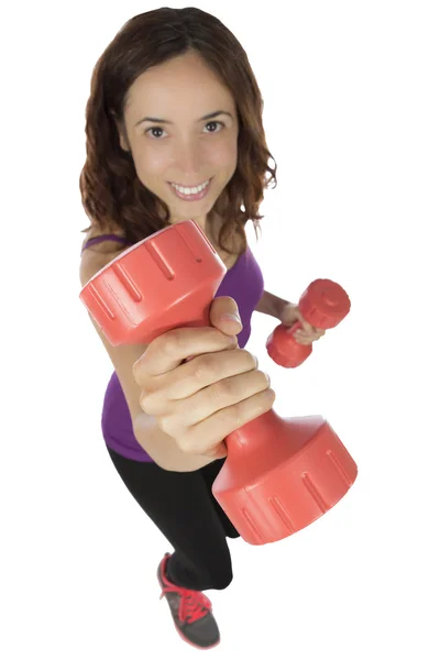 Young fitness woman holding weights — Stock Photo, Image