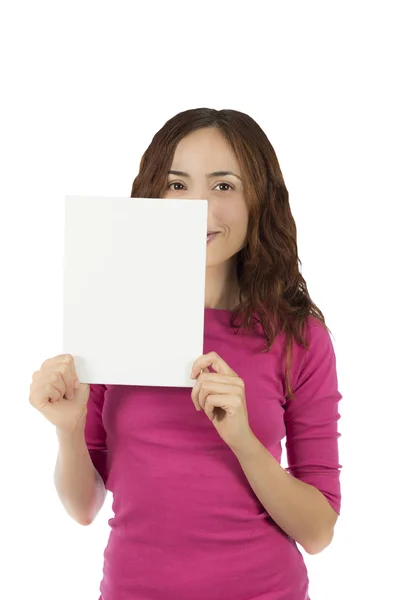 Mujer sosteniendo una cartelera para la publicidad —  Fotos de Stock