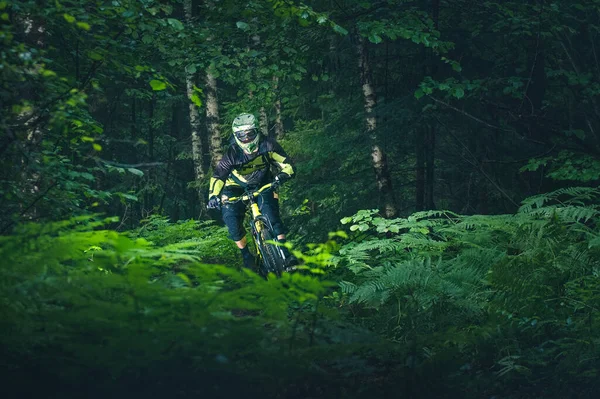 Man, cyclist in the full face helmet fast rides on the yellow enduro bicycle in the green forest Ukraine