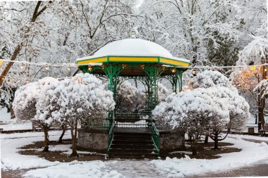 3 Aralık 2021: Kışın Truskavets, Ukrayna 'da bir spa merkezi. Torosevich Bulvarı, Truskavets tatil köyü parkında müzik pavyonu