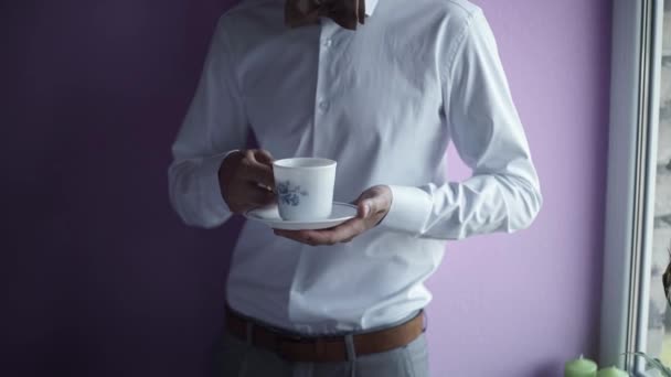 Man Groom White Shirt Brown Bowtie Drinks Hot Strong Coffee — Vídeos de Stock