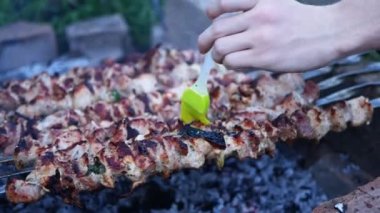 Bir adamın eline barbekü fırçası sürerek soslu kızarmış et sür. İnsan doğada kebap kızartır.