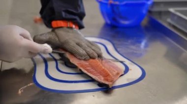 Close-up of hands of fish factory worker wearing protective gloves and workwear who filleting and cleans freshness humpback salmon meat fillet on steel cutting table with sharp knife