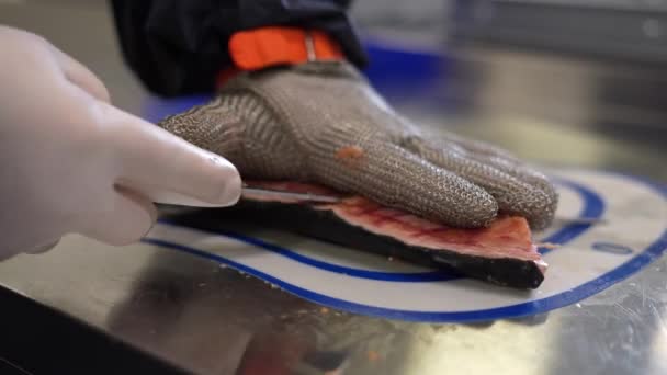 Primer Plano Las Manos Del Trabajador Fábrica Pescado Con Guantes — Vídeos de Stock