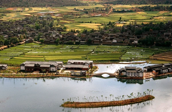 Guan yin xia, Chiny: naxi wieś i zalane pola ryżowe — Zdjęcie stockowe