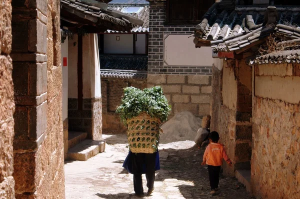 Shue He, China: Mulher velha carregando cesta de produção com seu neto — Fotografia de Stock