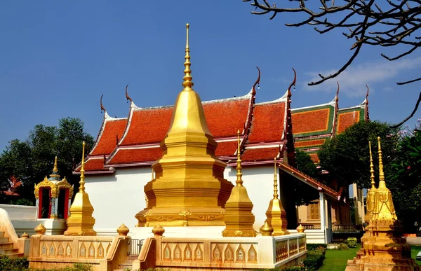 Kanchanaburi, Thaïlande : Golden Chedis et Ubosot dans un temple thaïlandais — Photo