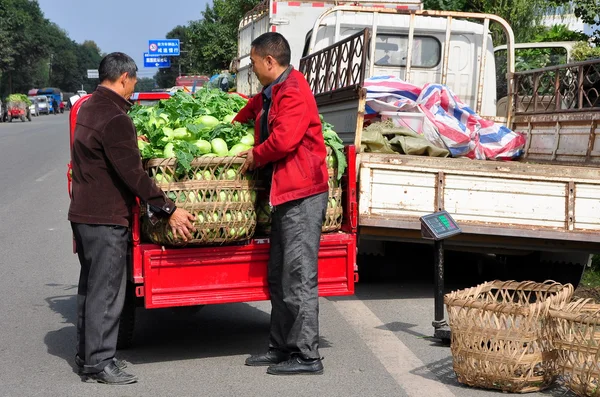 Pengzhou, China: Agricultores con cestas de coles — Foto de Stock