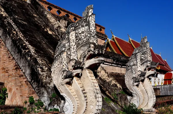 Chiang Mai, Thailandia: Nagas di pietra a Wat Chedi Luang — Foto Stock