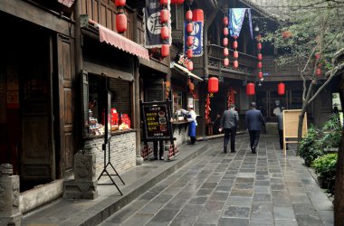 Chengdu, Çin: ahşap sichuan jin li sokak evleri