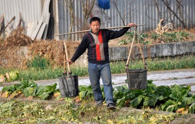 Pengzhou, China: Farmer Carrying Water Pails clipart