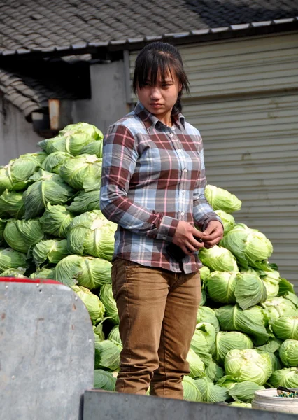 Pengzhou, China: Woman with Cabbages — Stock Photo, Image