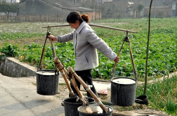 Pengzhou, Chiny: kobieta z wiadra wody — Zdjęcie stockowe