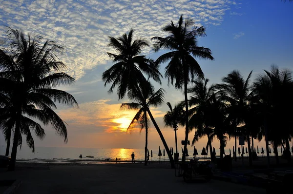 Bang saen, thailand: solnedgång över strand med palmer — Stockfoto