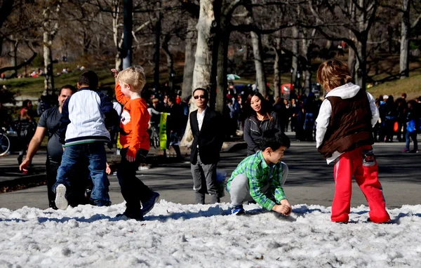 NYC:  Children Playing in Central Park Snow Bank — Stock Photo, Image