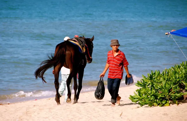 Batu Ferringhi, Malaysia: Men wth Horse on Beach — Stock Photo, Image