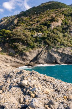 Punta Chiappa, Liguria 'nın Cenova kentindeki Portofino' da kıyı şeridi.