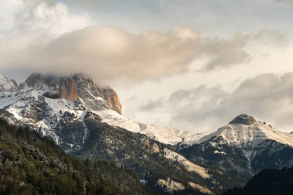 Träd Bergsstigar Den Första Snön Sjön Carezza Trentino Alto Adige — Stockfoto