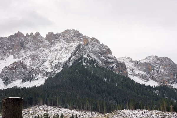 Drzewa Górskie Ścieżki Pod Pierwszym Śniegiem Nad Jeziorem Carezza Trentino — Zdjęcie stockowe