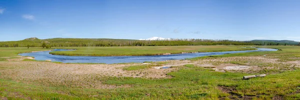 Stromy Řeka Gejzír Horký Pramen Staré Věrné Kotlině Yellowstonském Národním — Stock fotografie