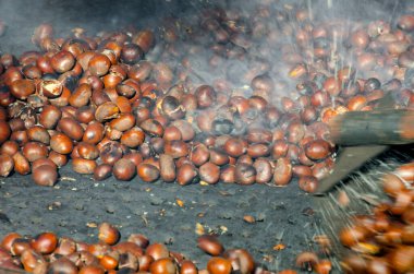 roasted chestnuts cooked on the grill in autumn