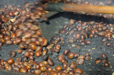 roasted chestnuts cooked on the grill in autumn