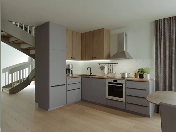 3D renderizado de una cocina estudio en colores pastel. —  Fotos de Stock