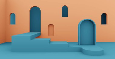 Soyut podyum ve duvar sahne arka planına sahip 3d görüntüleme. 