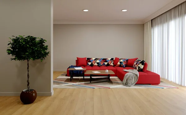 Parlak bir oturma odasının 3 boyutlu iç tasarımı. — Stok fotoğraf