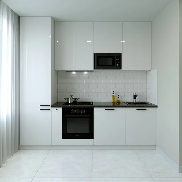 Kitchen interier. 3D rendering of a bright kitchen. — 图库照片