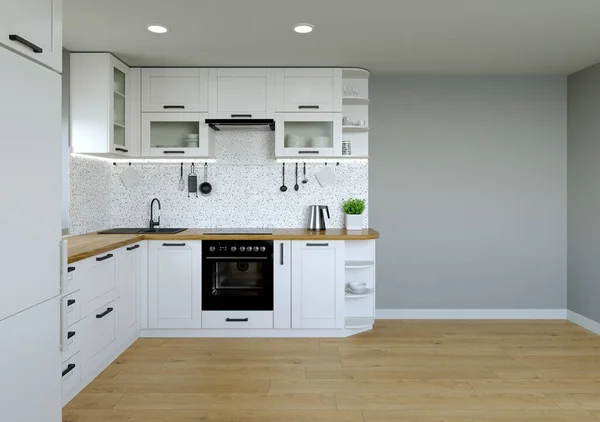 Kuchenny interier. 3D renderowanie jasnej kuchni. — Zdjęcie stockowe