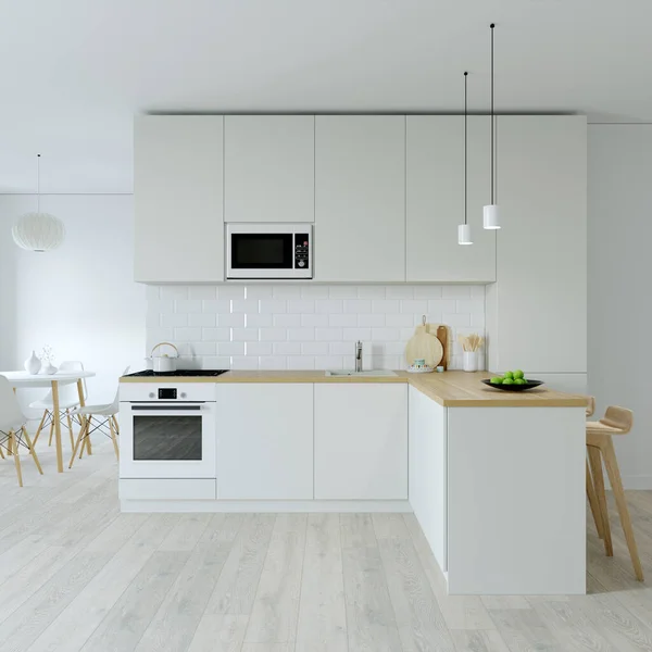 Kitchen interier. 3D rendering of a bright kitchen.