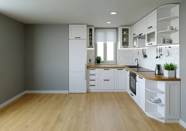 Kitchen interier. 3D rendering of a bright kitchen.