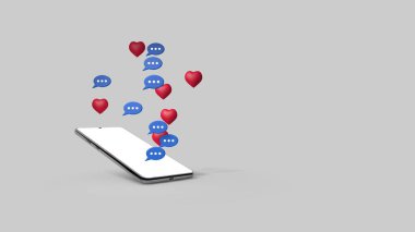 3d render of a smartphone from which messages and likes are sent. 