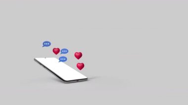 3d Animation of a smartphone from which messages and likes are sent. 