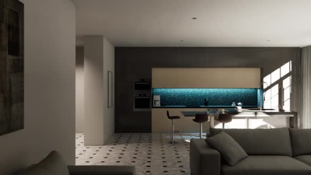 3D Animazione di un interno moderno con vista sulla cucina. — Video Stock