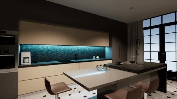 3D Animatie van een modern interieur met uitzicht op de keuken. — Stockvideo