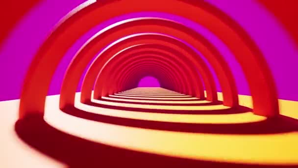 3D-animering av en ljus tunnel i rosa färger med en sista flygning. — Stockvideo