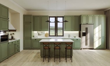 Lavabo, çadır, fırın, mutfak gereçleri olan modern tarz mutfak. Masanın altında çekmeceler var. 3B görüntüleme.