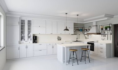 Lavabo, çadır, fırın, mutfak gereçleri olan modern tarz mutfak. 3B görüntüleme.